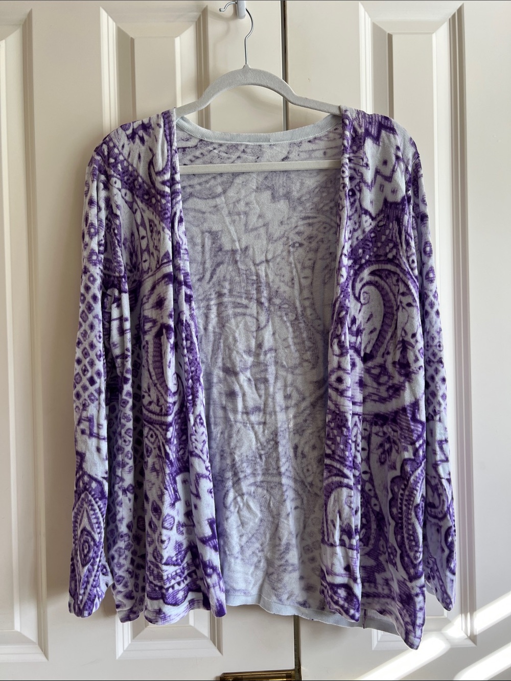 Chico’s Paisley Purple and Cream Open Cardigan - See description for measurement